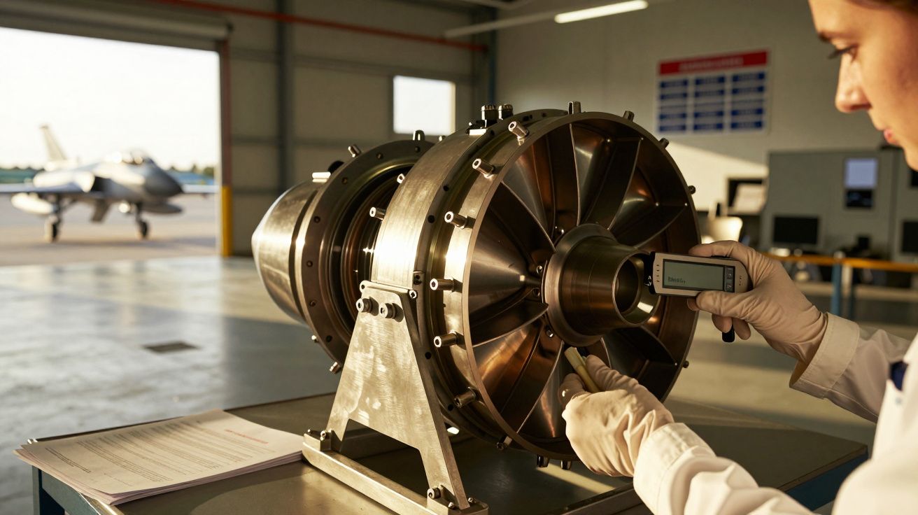Pessoa verifica componente mecânico com medidor digital em hangar, avião ao fundo.