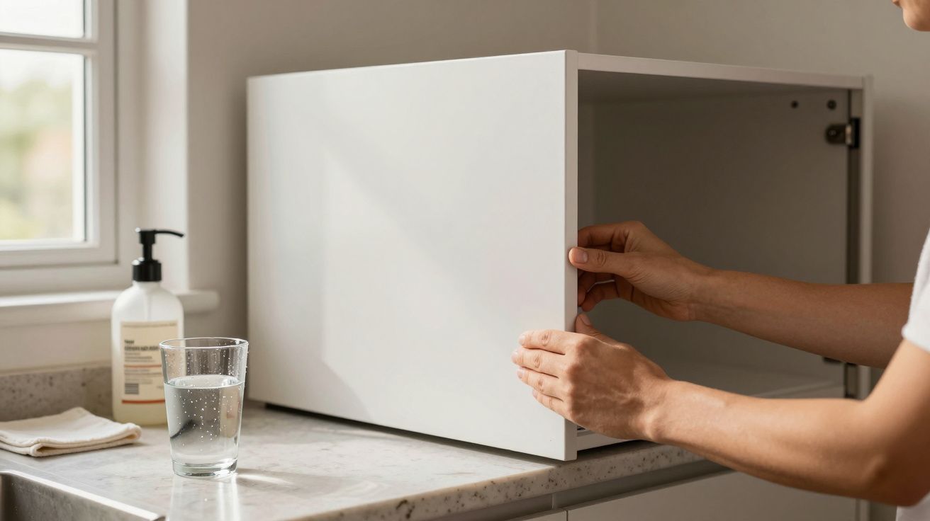 Pessoa a montar um armário branco na cozinha, com uma janela ao fundo e um copo com água e sabonete na bancada.