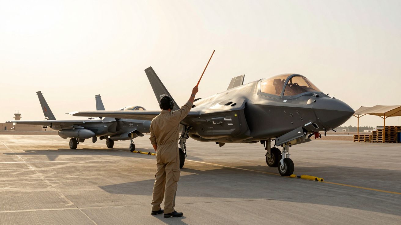 Dois caças em fila numa pista de aviação, com operador em uniforme guiando o avião da frente.