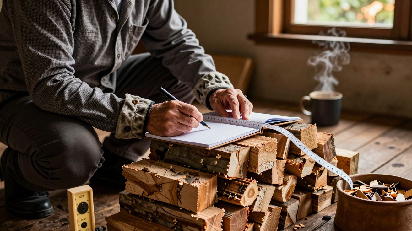 Homem em camisa cinza anota medidas de madeira empilhada, com chá fumegante ao fundo.