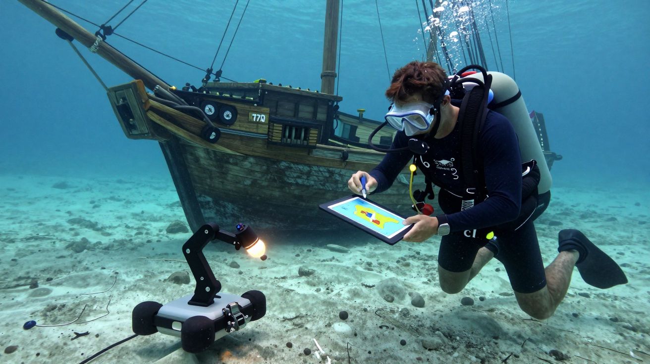 Mergulhador usa tablet subaquático ao lado de um robô e um navio afundado no fundo do mar.