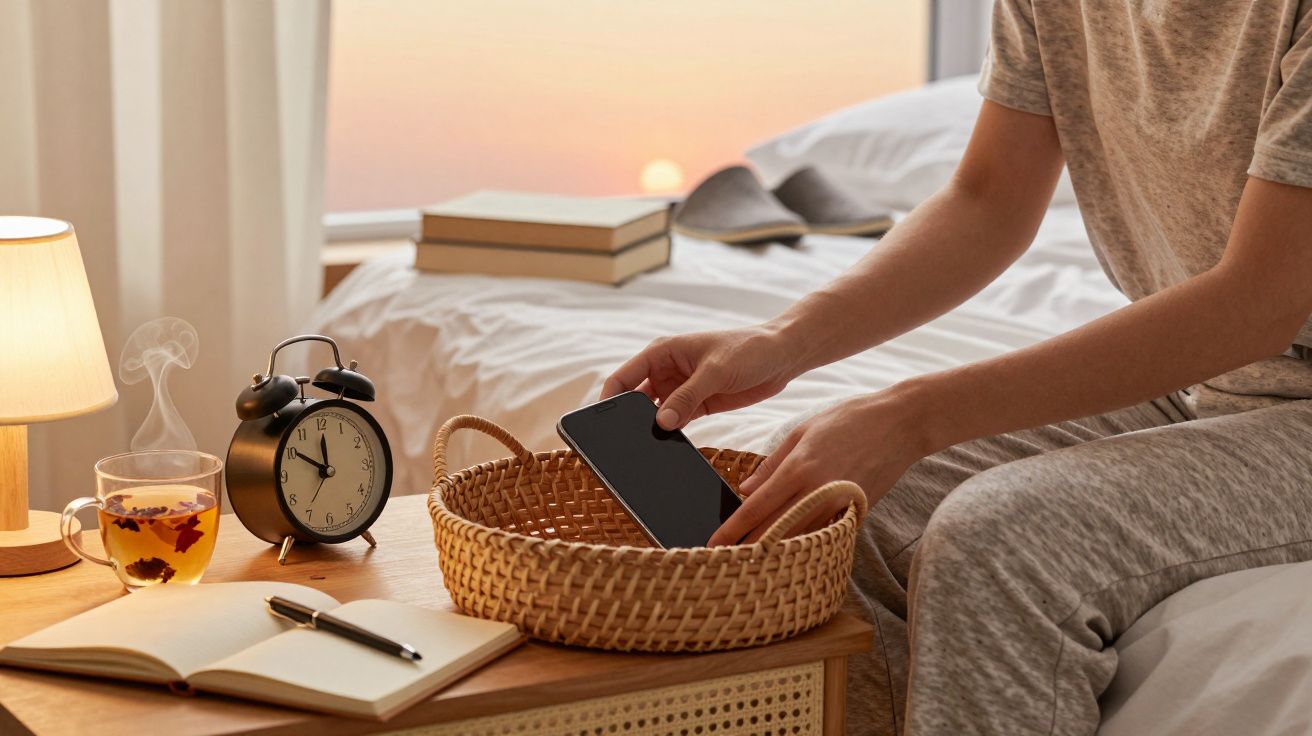 Pessoa coloca telemóvel em cesto numa mesa de cabeceira com candeeiro, chávena de chá, relógio e caderno.