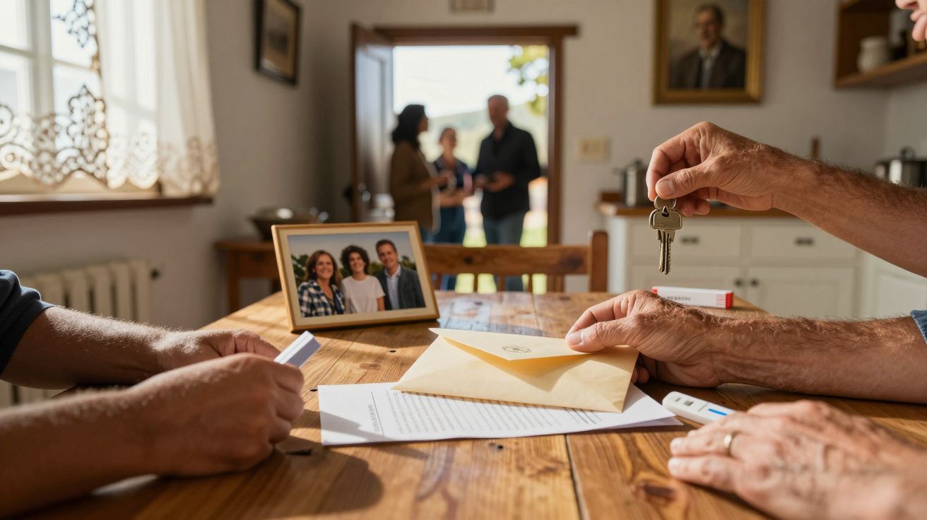 Mãos trocando chaves sobre mesa com envelope e foto de família; casal desfocado ao fundo.