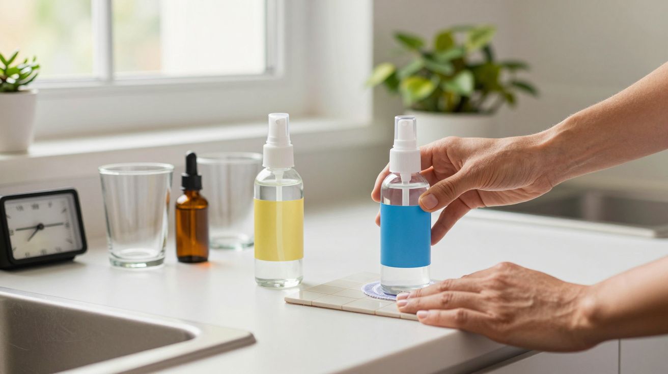 Mãos limpam balcão da cozinha com borrifador. Relógio e frascos de vidro ao fundo.