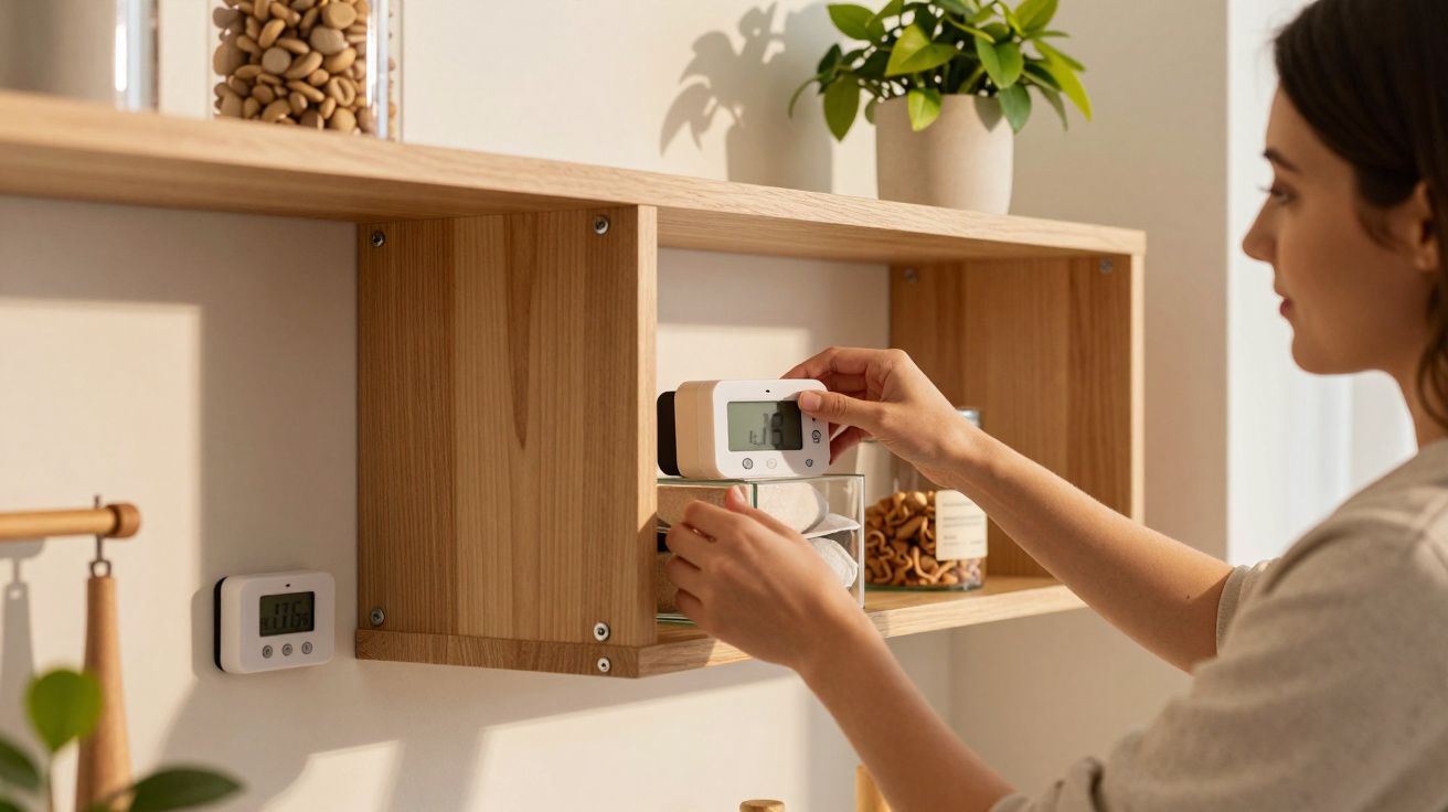 Mulher ajusta termóstato numa prateleira de madeira, rodeada de plantas e recipientes decorativos.