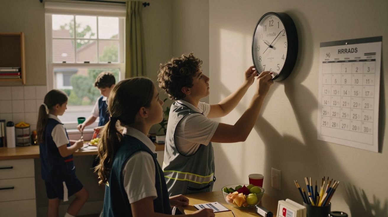 Rapaz ajusta relógio de parede numa cozinha iluminada, enquanto dois colegas preparam comida.