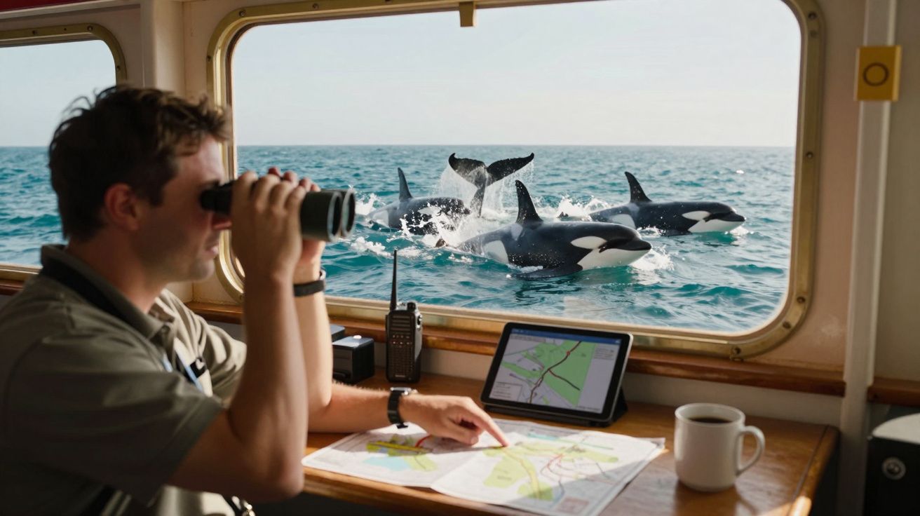 Homem na cabine de um barco observa orcas no mar com binóculos; mapa e tablet sobre a mesa.