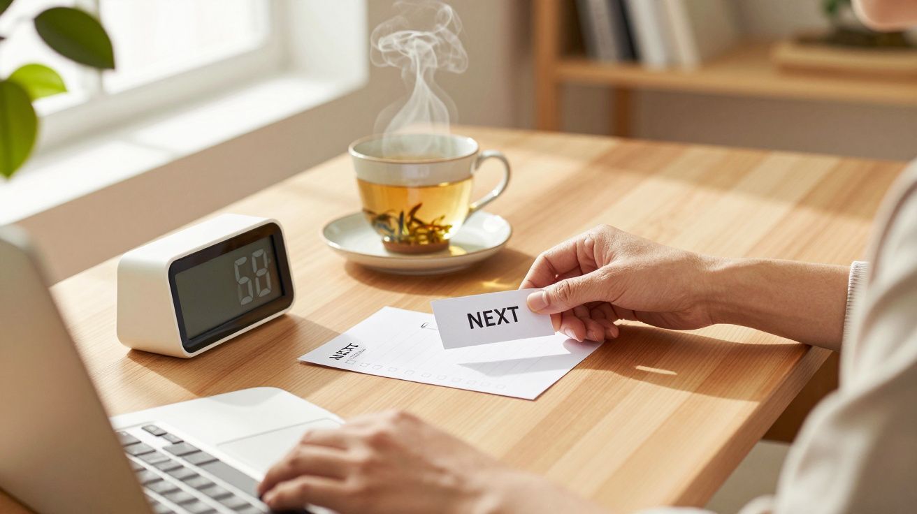 Pessoa segura cartão "NEXT" ao lado de chá e relógio digital em mesa de madeira.