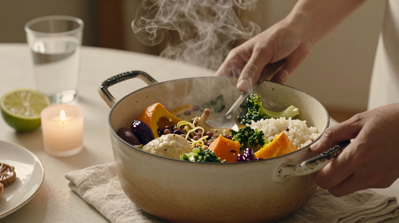 Mãos servindo comida numa panela de ferro fundido com legumes, arroz e grãos cozinhados, ao lado de vela acesa e copo de água