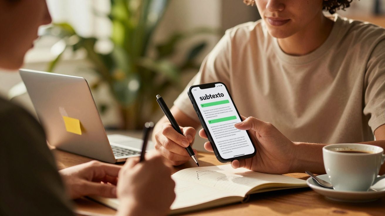 Duas pessoas trabalham num espaço de escritório, uma segura um telemóvel e a outra escreve num caderno.