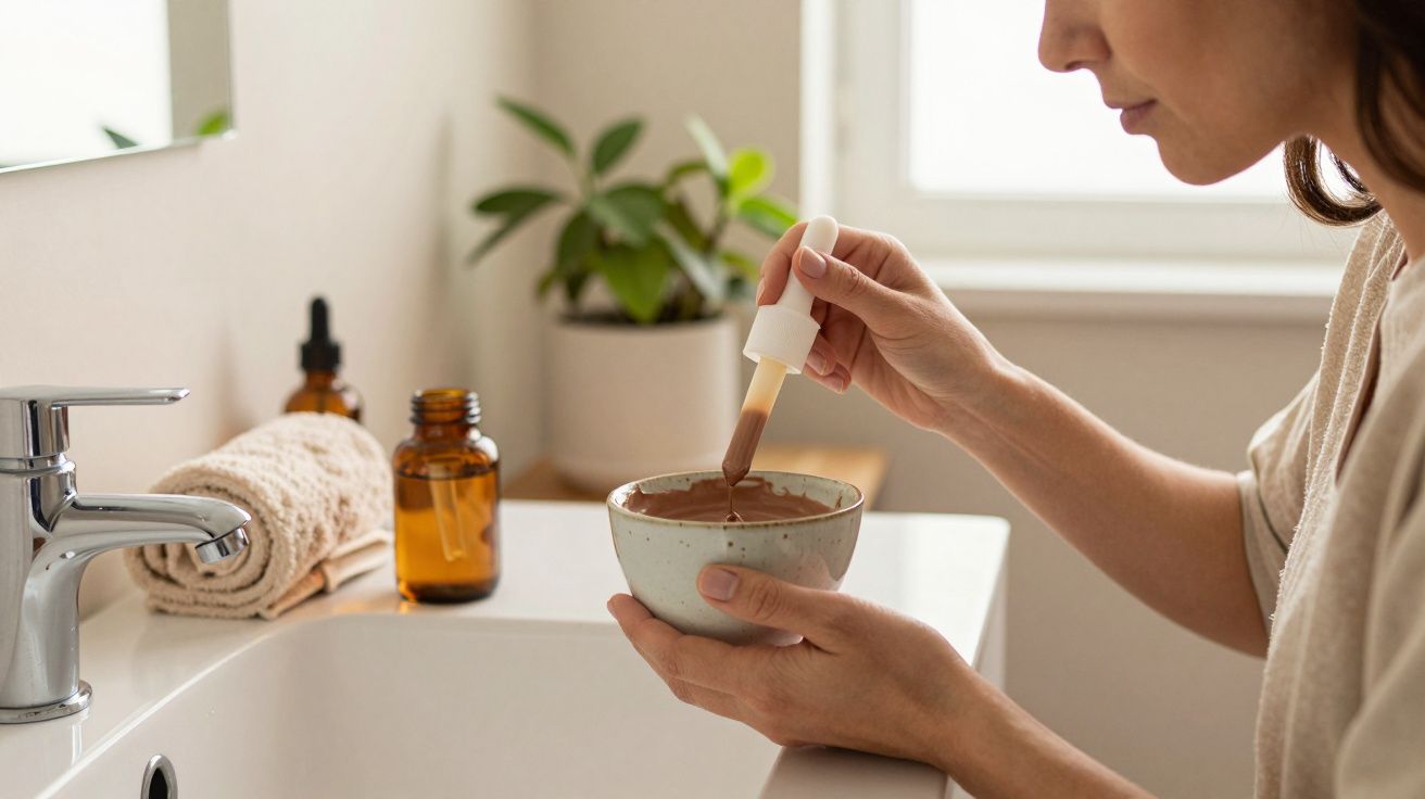 Mulher mistura líquido com conta-gotas numa tigela no lavatório, perto de toalha e frascos âmbar.