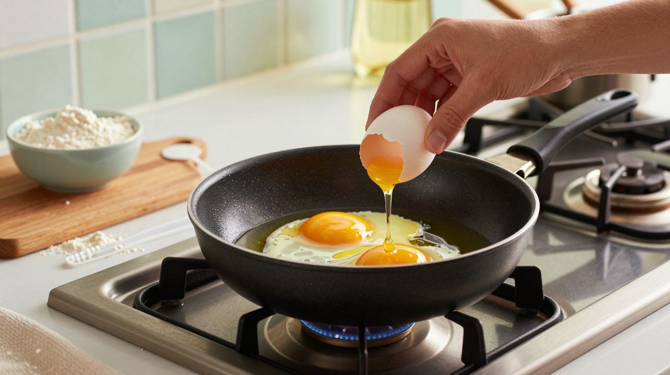 Mão a partir ovo numa frigideira com ovos ao lume; bancada com farinha e óleo ao fundo.