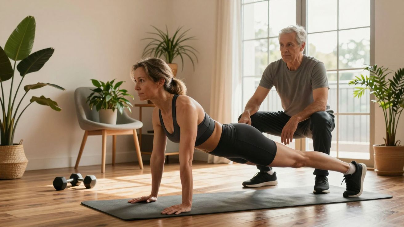 Mulher a fazer prancha em casa, com homem idoso a observar, rodeados por plantas e equipamentos de exercício.
