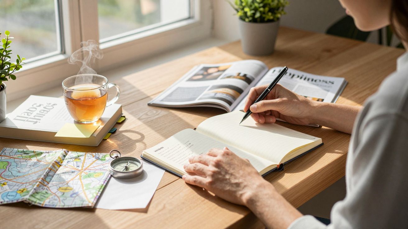 Pessoa escreve em bloco de notas numa mesa com chá, mapa, bússola e revista ao lado da janela.