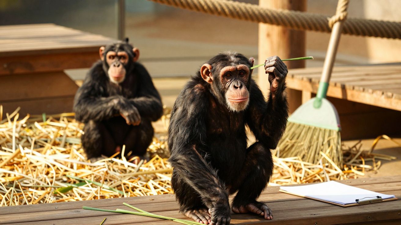 Dois chimpanzés sentados em palha; um segura uma vara e outro está ao fundo.