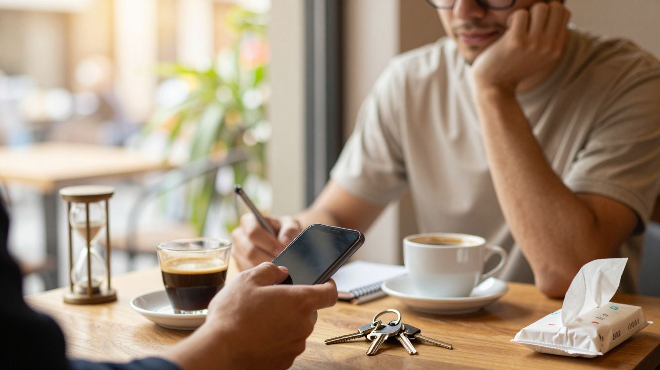 Duas pessoas numa mesa de café, uma usando telemóvel, outra escrevendo, com café e um porta-chaves na mesa.