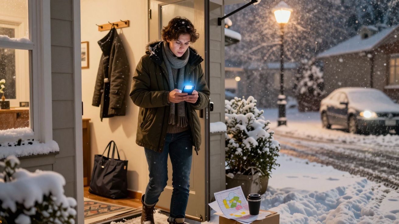 Pessoa a sair de casa na neve, usando casaco e cachecol, a olhar para o telemóvel. Há um copo e um mapa na mesa.