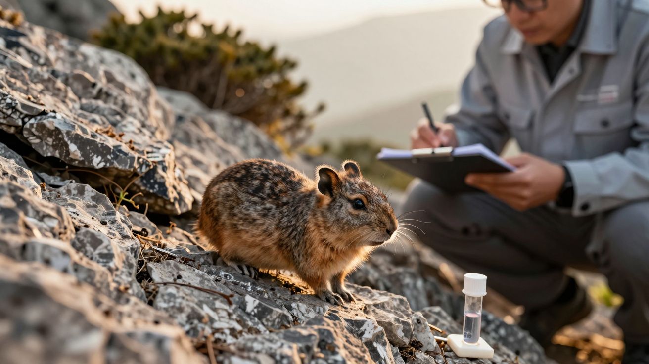 Cientista observa pequeno roedor nas rochas enquanto escreve em prancheta. Tubo de ensaio ao lado do animal.