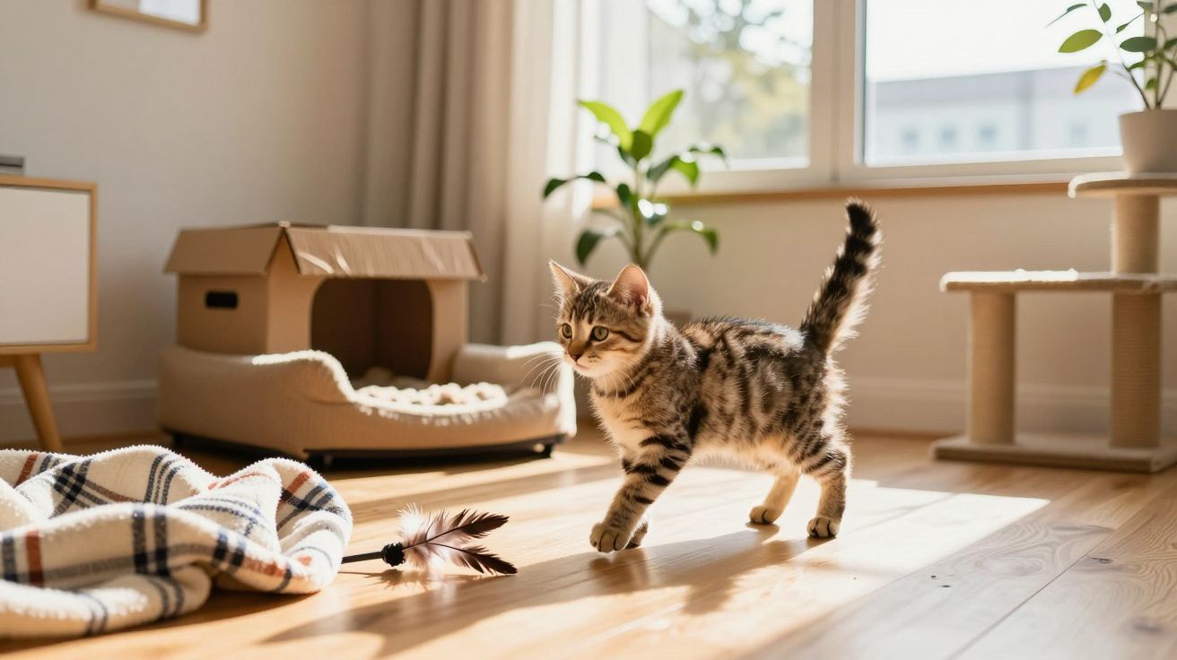 Gatinho tigrado a brincar no chão de madeira, com uma manta e brinquedos, num ambiente iluminado e acolhedor.