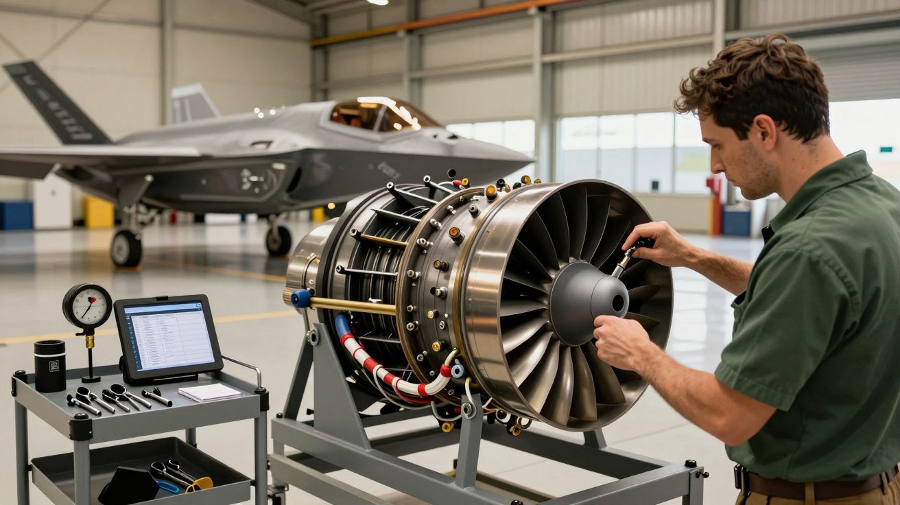 Técnico inspeciona turbina de avião militar em hangar, com jato cinza ao fundo e ferramentas numa mesa ao lado.