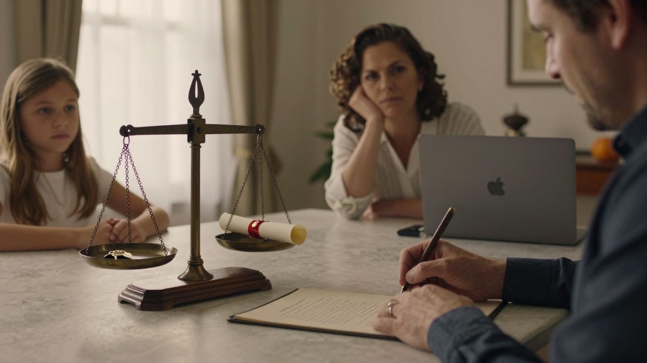 Homem escreve em papel, mulher e criança observam, balança de justiça e portátil sobre a mesa.