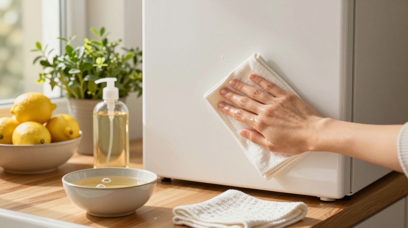 Mão limpa superfície de frigorífico com pano. Limões e sabonete em cima de bancada de madeira ao lado de planta.