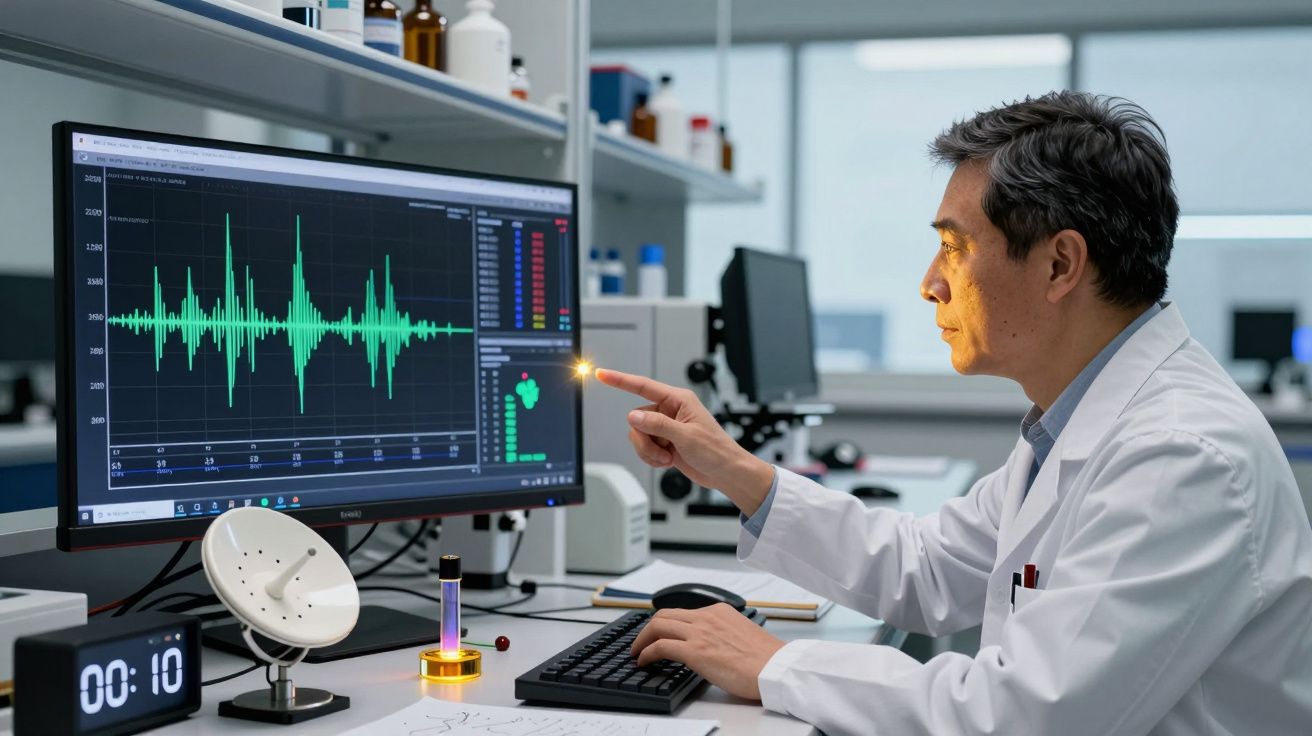 Cientista analisa gráficos em ecrã de computador dentro de um laboratório moderno.