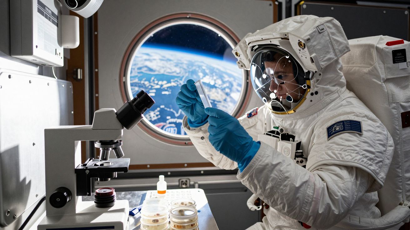 Astronauta em experimento científico na Estação Espacial, com Terra visível pela janela ao fundo.