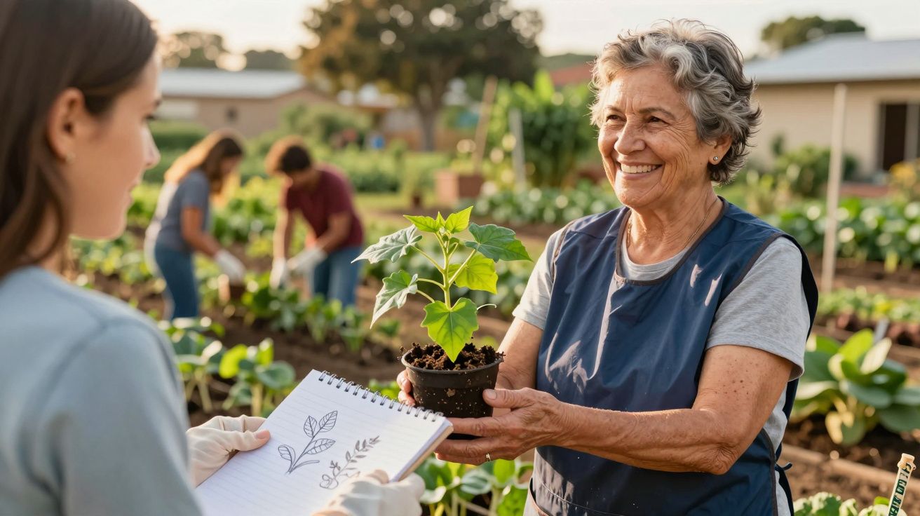 Mulher idosa sorridente entrega planta em vaso a jovem com caderno, em horta ao ar livre com outras pessoas.