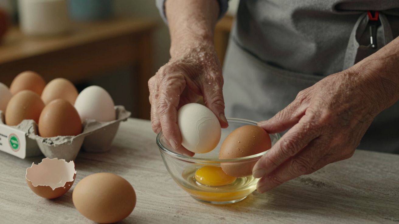 Mãos de pessoa partindo ovos numa taça transparente sobre uma mesa, com ovos e cascas ao lado.