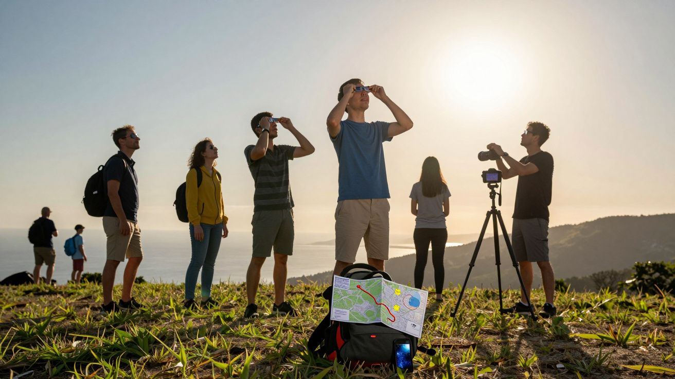 Grupo de pessoas observa paisagem ao pôr do sol com binóculos, mapa e tripé numa colina verde.