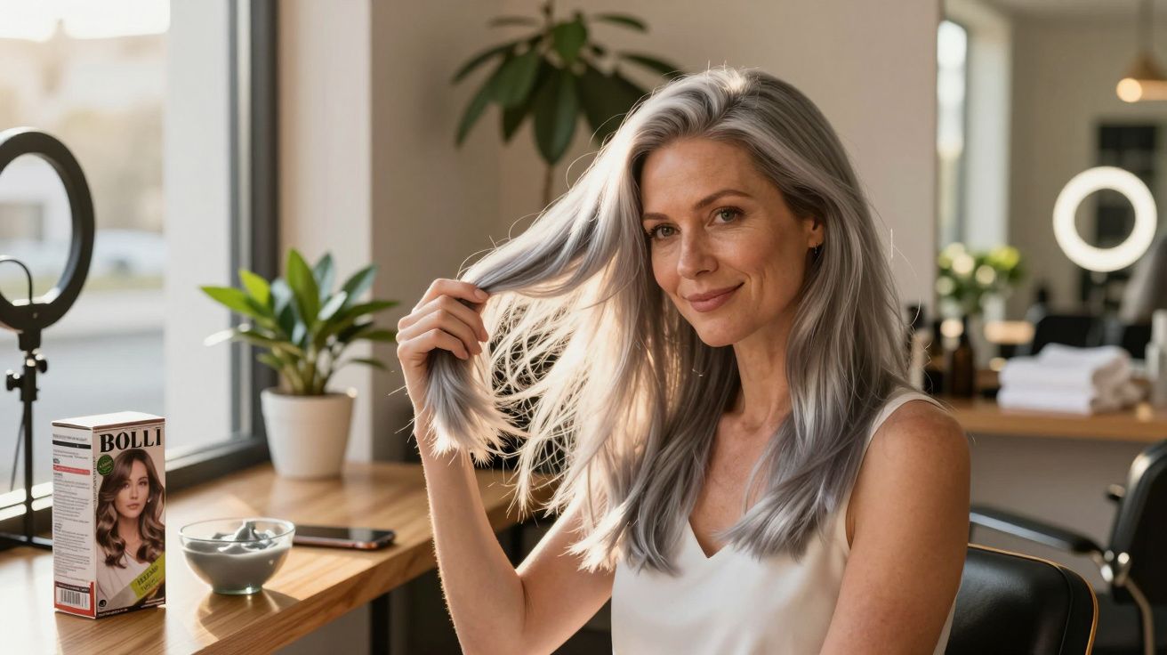 Mulher sorrindo com cabelo grisalho num salão de beleza, ao lado de uma caixa de tintura e planta em vaso.