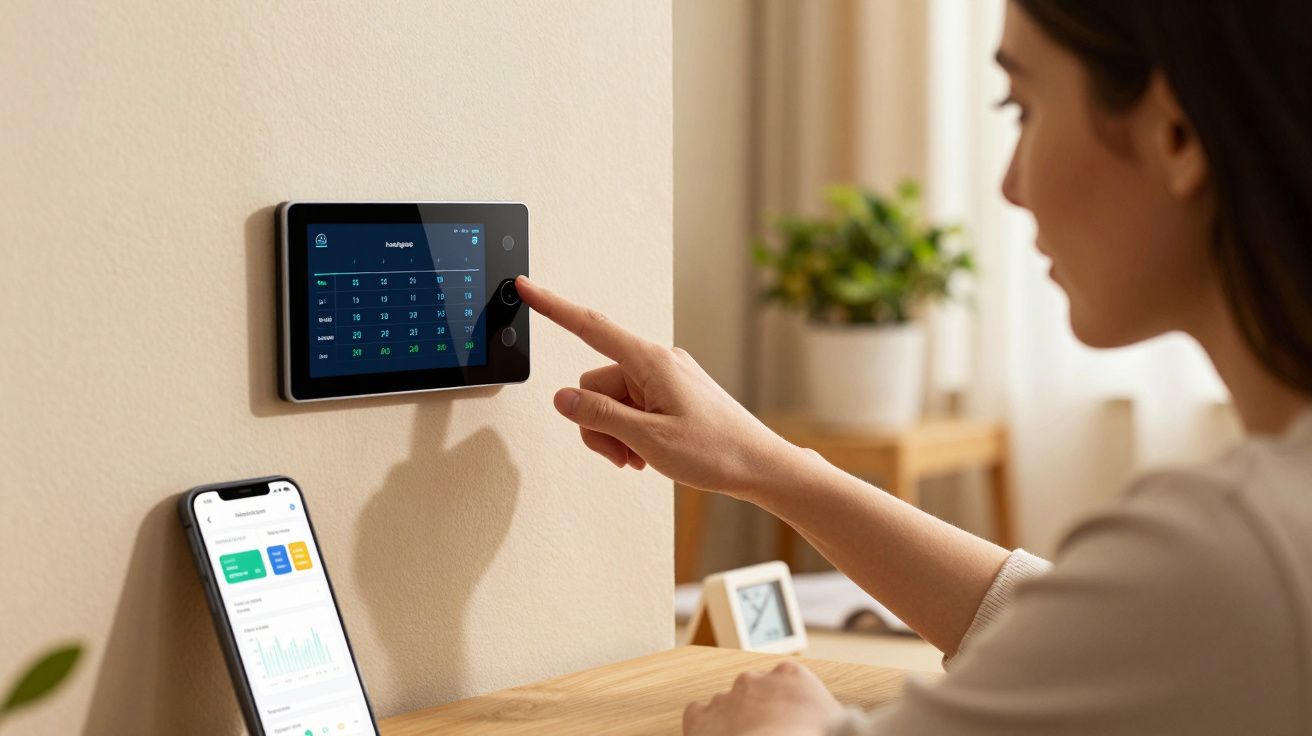 Mulher ajusta termóstato inteligente na parede, com smartphone ao lado, num interior moderno.