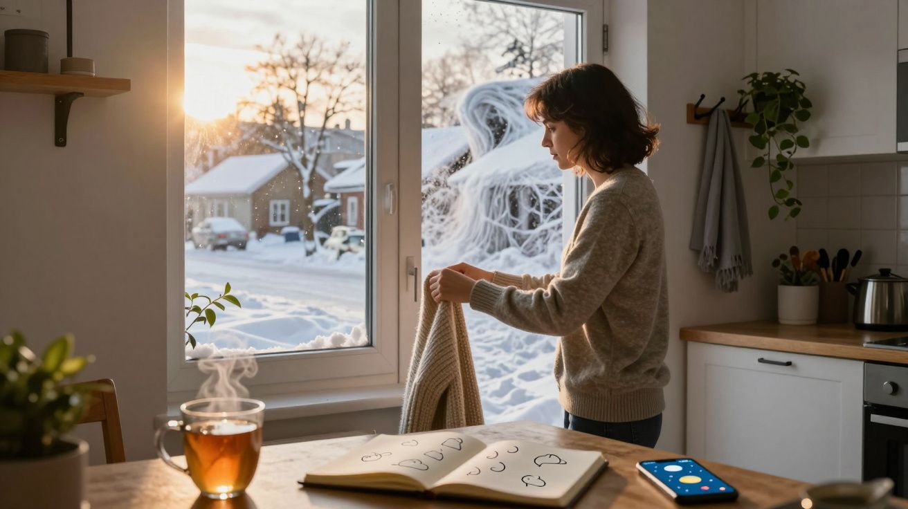 Mulher olhando pela janela, segurando um casaco numa cozinha iluminada pelo sol. Neve lá fora, chá e caderno na mesa.