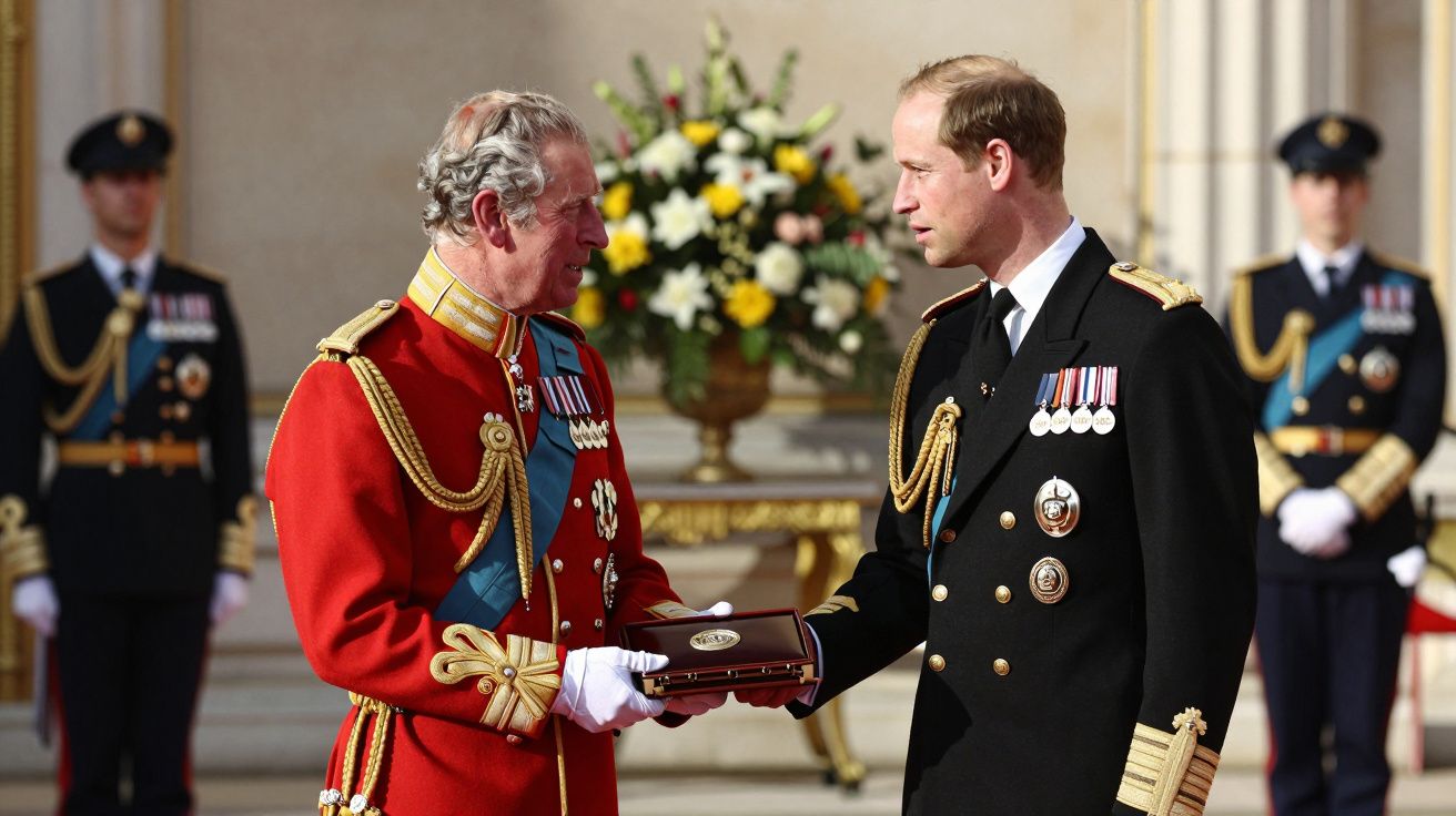 Duas pessoas em uniforme militar trocam objeto numa cerimónia ao ar livre diante de guardas, com flores ao fundo.
