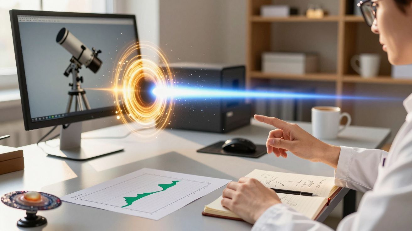 Pessoa aponta para um holograma de buraco negro em frente a um computador com telescópio na tela, gráfico sobre a mesa.