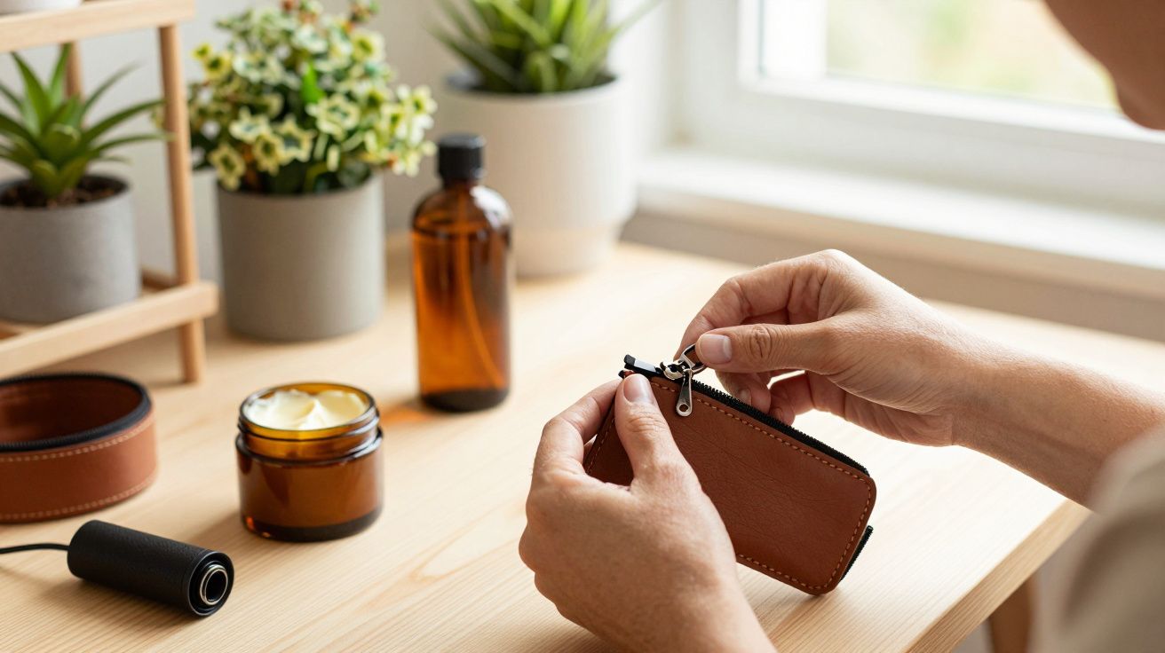 Mãos segurando uma bolsa de couro pequena em mesa de madeira, com plantas e frascos ao fundo.