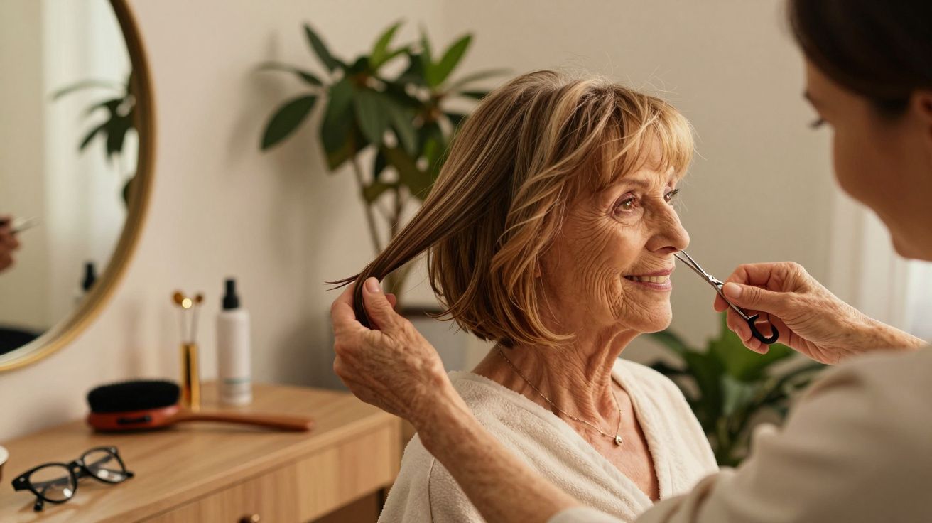 Mulher idosa a sorrir enquanto cabeleireira corta seu cabelo num ambiente acolhedor com plantas.