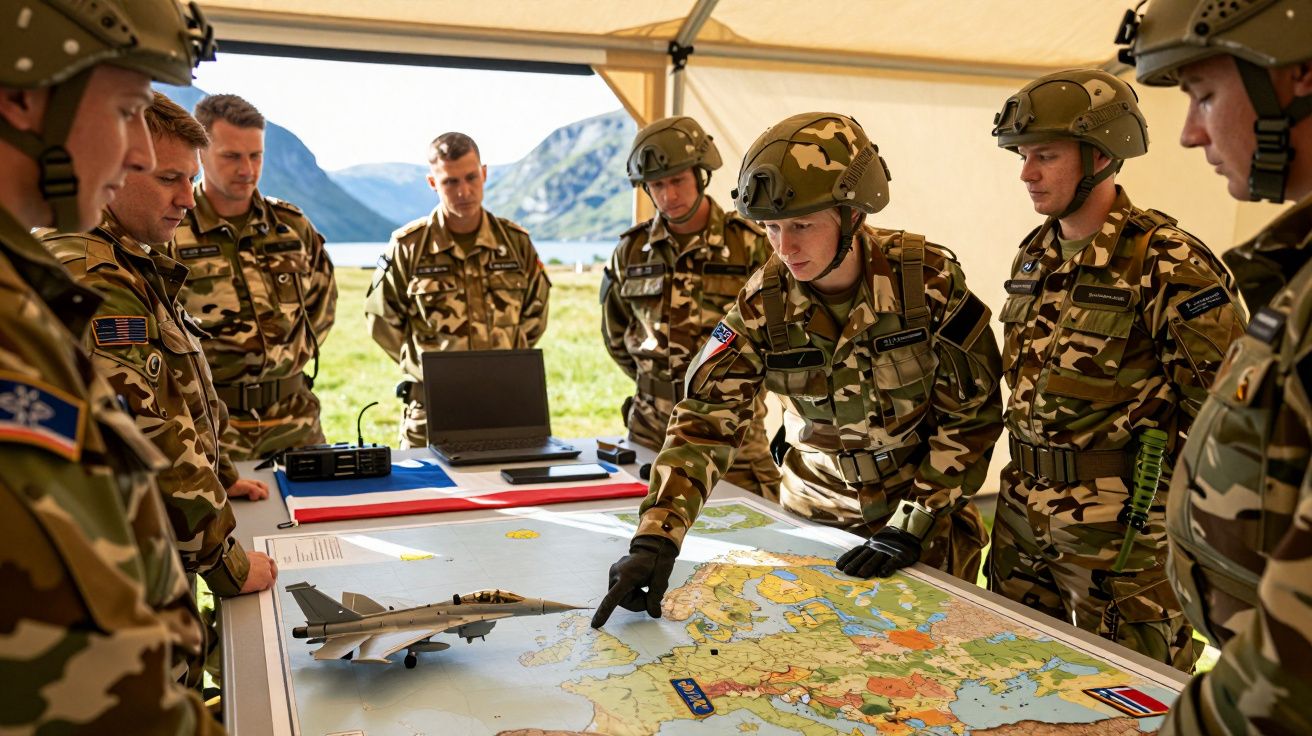 Soldados em uniforme camuflado estudam mapa sobre mesa, apontando posições, com avião em miniatura ao lado.