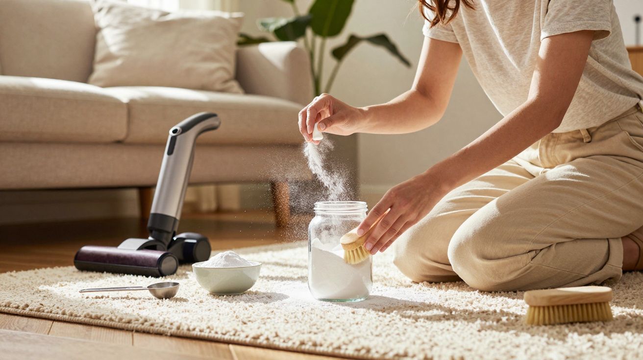 Mulher limpa tapete com escova e pó, aspirador ao lado, em sala com sofá e plantas ao fundo.
