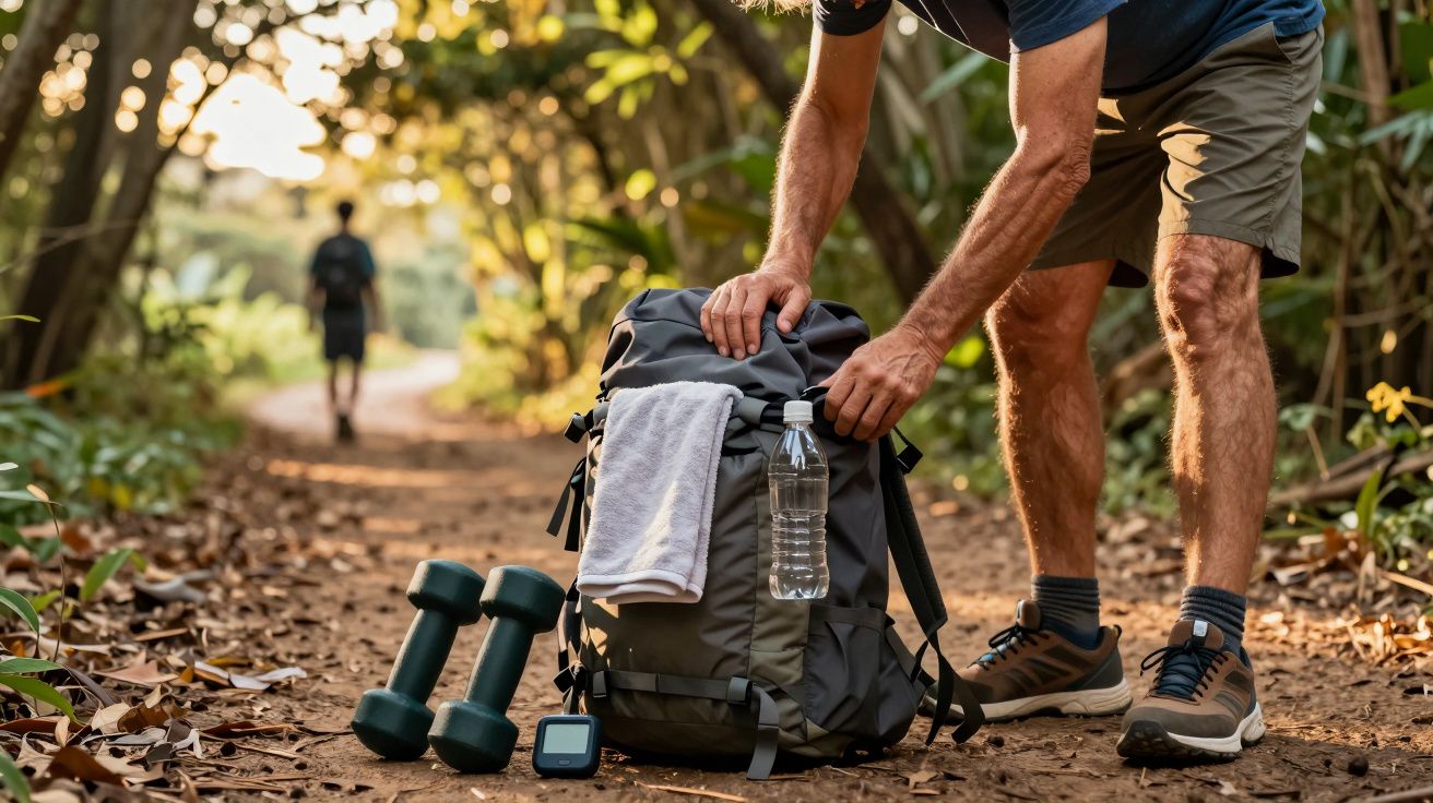 Pessoa a arrumar mochila com garrafa e toalha, ao lado de pesos, numa trilha florestal. Outro caminhante ao fundo.