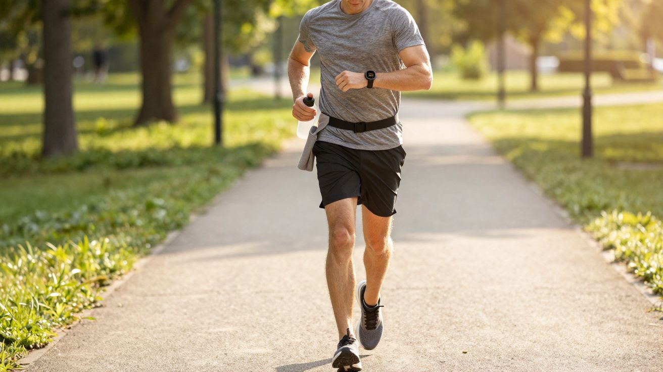 Homem a correr num parque, usando camiseta cinza e calções pretos, segurando uma garrafa de água.