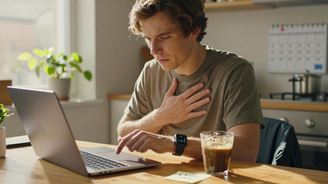 Homem preocupado segurando peito enquanto olha para laptop em cozinha bem iluminada. Copo de café e nota adesiva na mesa.