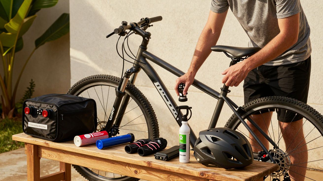 Homem ajusta a bicicleta sobre um banco com capacete, ferramentas e bolsa à vista, preparado para manutenção ao ar livre.