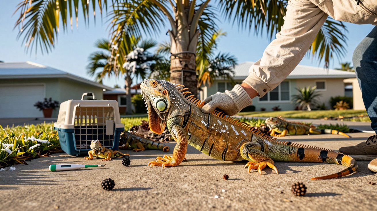 Pessoa segura iguana grande numa rua, ao lado de uma transportadora e objetos, com casas e palmeiras ao fundo.