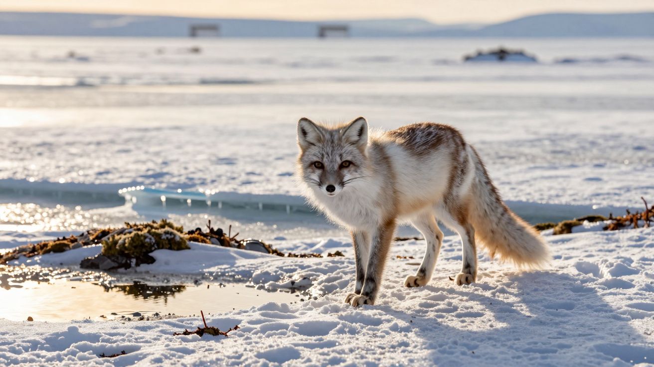 Raposa ártica em pé na neve, com um lago parcialmente congelado ao fundo e paisagem de gelo ao longe.