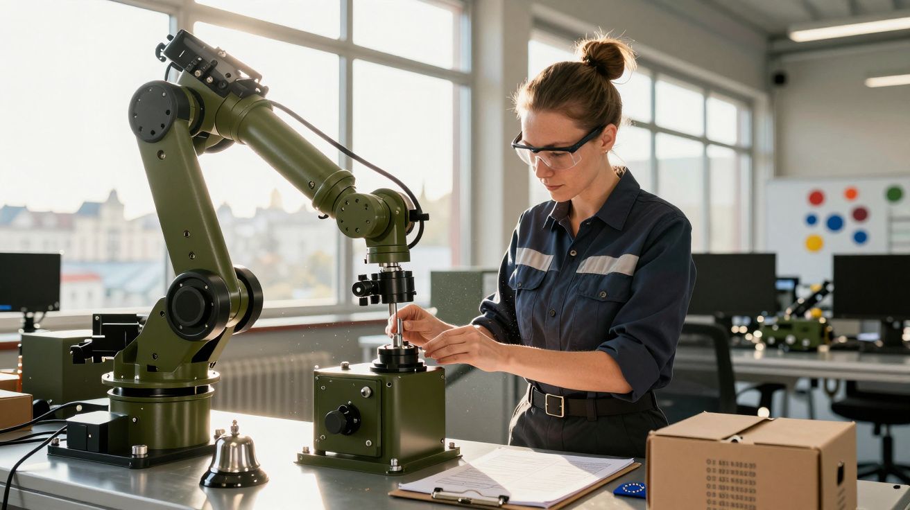 Mulher trabalha num laboratório com um braço robótico e anotações ao lado de uma janela ampla.