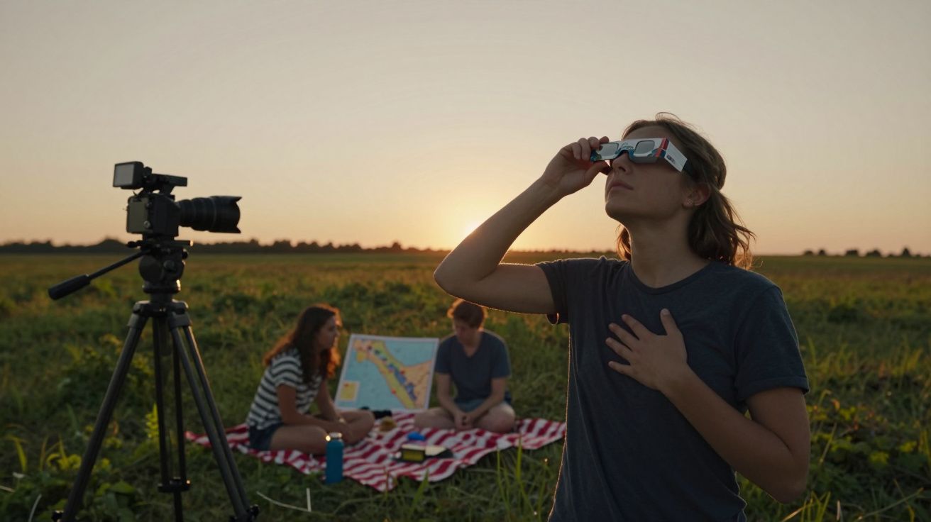 Pessoa observa o céu com óculos especiais; duas pessoas sentadas numa manta com mapa ao fundo, ao pôr do sol.