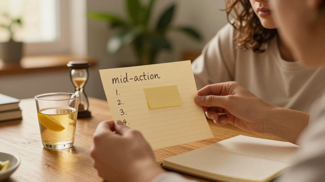 Mão segura uma lista de ações a meio, num espaço de trabalho com copo de água, ampulheta e bloco de notas.