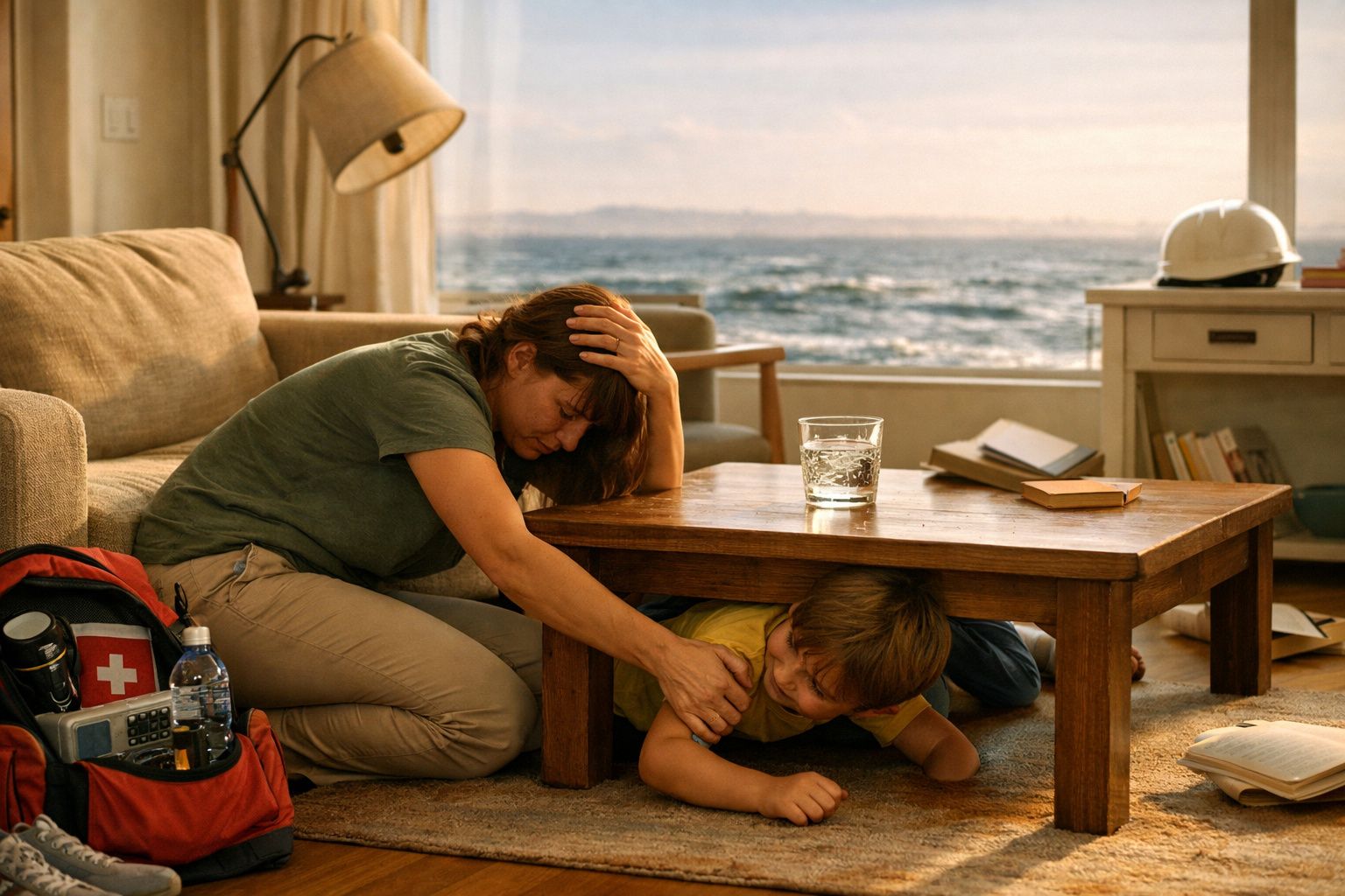 Homem e criança sentados na praia, com mochila e garrafa de água, enquanto o homem aponta para o horizonte.